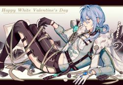 Rule 34 | ascot, asymmetrical gloves, belt, bishounen, black gloves, blue hair, blush, bow, candy, chocolate, chocolate bar, edmond (nu carnival), food, fur trim, gem, gloves, green bow, hair bow, highres, light blue hair, long hair, long sleeves, looking at viewer, low ponytail, navel, nu carnival, parted lips, sweatdrop, white ascot, white day, white gloves, yoture23