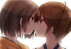 Rule 34 | 10s, 2girls, blush, brown eyes, brown hair, cherry rosso, eye contact, face-to-face, hiryuu (kancolle), japanese clothes, kaga (kancolle), kantai collection, looking at another, multiple girls, open mouth, personification, short hair, side ponytail, smile