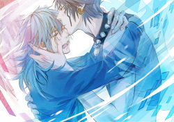 Rule 34 | 10s, 2boys, black hair, blue hair, collar, couple, crying, crying with eyes open, dramatical murder, earrings, kissing eye, facial mark, fingerless gloves, gloves, hand on another&#039;s face, hug, jewelry, kiss, long hair, long sleeves, looking at another, male focus, multiple boys, niaoniaoyoo, red eyes, ren (dramatical murder), seragaki aoba, topless male, short hair, spiked collar, spikes, tears, upper body, yaoi