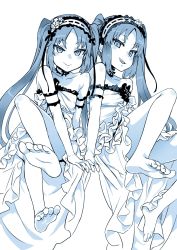 Rule 34 | 2girls, arm garter, asanagi, bare shoulders, barefoot, dress, euryale (fate), fate/hollow ataraxia, fate (series), feet, grin, hairband, highres, lolita hairband, long hair, looking at viewer, monochrome, multiple girls, siblings, simple background, sisters, sleeveless, sleeveless dress, smile, soles, stheno (fate), teeth, toes, twins, twintails, white background