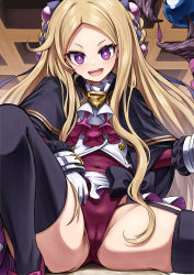 Rule 34 | 1girl, absurdres, ascot, blonde hair, cameltoe, covered navel, garter straps, gloves, groin, hair ornament, highres, holding, holding staff, karadborg, knee up, leotard, leotard under clothes, long hair, long sleeves, looking at viewer, mahoutsukai reimeiki, open mouth, purple eyes, purple footwear, purple thighhighs, roux christasse, sitting, smile, solo, spread legs, staff, thick thighs, thighhighs, thighs, very long hair, white gloves