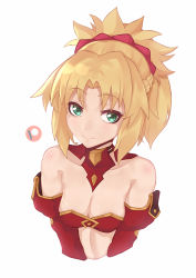Rule 34 | 1girl, bad id, bad pixiv id, bare shoulders, blonde hair, blush, braid, breasts, cleavage, commentary, darahan, english commentary, fate/grand order, fate (series), green eyes, hair ornament, hair scrunchie, long hair, looking at viewer, medium breasts, mordred (fate), mordred (fate/apocrypha), patreon logo, ponytail, red scrunchie, scrunchie, simple background, solo, upper body, white background
