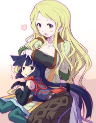 Rule 34 | 10s, 2girls, akatsuki (log horizon), bare shoulders, blonde hair, blue hair, blush, bracelet, breast rest, breasts, breasts on head, collarbone, detached sleeves, enterbrain, hand on another&#039;s head, heart, jewelry, log horizon, long hair, marielle (log horizon), multiple girls, necklace, pointy ears, ponytail, purple eyes, sitting, yellow eyes, yoshi (crossmind)