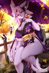 Rule 34 | 1girl, artist name, autumn, blush, bow, breasts, cleavage, commentary, creatures (company), english commentary, espeon, furry, furry female, game freak, gen 2 pokemon, gen 7 pokemon, glowing, glowing eyes, hair between eyes, hair bow, highres, japanese clothes, kimono, large breasts, long hair, looking at viewer, nintendo, oil-paper umbrella, open mouth, pikipek, pink hair, pokemon, pokemon (creature), purple bow, purple kimono, red eyes, sitting, smile, teranen, twitter username, umbrella