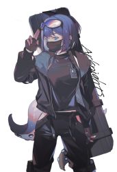 Rule 34 | 1girl, andreana (arknights), andreana (elite ii) (arknights), arknights, black gloves, black jacket, black mask, black pants, black shirt, blue eyes, blue hair, clothing cutout, commentary, copyright name, cowboy shot, earpiece, fingerless gloves, gloves, goggles, goggles on head, hajiu, halterneck, hand up, id card, jacket, long sleeves, looking at viewer, mask, mouth mask, pants, salute, shirt, short hair, simple background, sleeveless, sleeveless shirt, solo, tentacles, thigh cutout, two-finger salute, weapon, weapon on back, white background