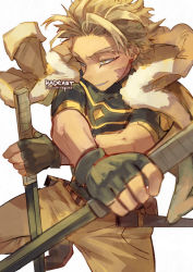 Rule 34 | 1boy, belt, blonde hair, blurry, boku no hero academia, boots, brown jacket, brown pants, burn scar, costume, crossed arms, crossed swords, depth of field, ear piercing, earrings, facial hair, facial mark, fingerless gloves, fur-trimmed jacket, fur trim, gloves, goatee, hawks (boku no hero academia), holding, holding sword, holding weapon, jacket, jacket on shoulders, jewelry, kadeart, katana, long eyebrows, looking ahead, male focus, multiple swords, narrowed eyes, pants, parted lips, perspective, piercing, scar, scar on face, sheath, shirt, short hair, short sleeves, simple background, skin tight, solo, squatting, stubble, stud earrings, sword, tight clothes, tight shirt, twitter username, weapon, white background, yellow eyes