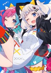 Rule 34 | 2girls, ;d, arm up, artist name, black gloves, black jacket, blue bow, blue eyes, blue hair, blunt bangs, blush, bow, breasts, clothes writing, d-pad, d-pad hair ornament, dress, gloves, hair ornament, hairclip, highres, jacket, kaguya luna, leg warmers, long sleeves, looking at viewer, medium breasts, medium hair, mika pikazo, multicolored hair, multiple girls, one eye closed, open clothes, open jacket, open mouth, pink hair, pinky pop hepburn, red legwear, short dress, signature, silver hair, smile, tareme, the moon studio, thigh scrunchie, thighhighs, thighs, twintails, two-tone background, two-tone hair, two side up, v, virtual youtuber, white dress