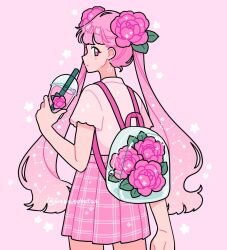 Rule 34 | 1girl, backpack, bag, bare arms, closed mouth, commentary, constellation, cowboy shot, cup, disposable cup, drink, drinking straw, drop earrings, earrings, emily kim, english commentary, expressionless, eyelashes, flower, from behind, gradient hair, hair flower, hair ornament, heart, heart earrings, high-waist skirt, holding, holding drink, instagram username, jewelry, leaf, light blush, long hair, looking at viewer, looking back, miniskirt, multicolored hair, original, peony (flower), pink background, pink eyes, pink flower, pink hair, pink shirt, pink skirt, pink theme, plaid, plaid skirt, pleated skirt, shirt, short sleeves, simple background, skirt, solo, star (symbol), t-shirt, tea, twintails, very long hair