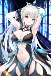 Rule 34 | 1girl, absurdres, armpits, arms behind head, black dress, black thighhighs, blue eyes, blush, braid, breasts, cleavage, cleavage cutout, clothing cutout, cowboy shot, dress, fate/grand order, fate (series), garter straps, highres, indoors, large breasts, lillly, long hair, looking at viewer, morgan le fay (fate), navel, parted lips, pubic tattoo, solo, standing, stomach, tattoo, thighhighs, very long hair, white hair