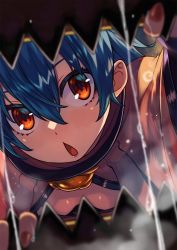 Rule 34 | 1girl, blue hair, blurry, blurry foreground, breasts, breath, chestnut mouth, hair between eyes, highres, looking at viewer, mimic, mimic chest, nail polish, open mouth, orange eyes, original, ringed eyes, rumie, saliva, sharp teeth, short hair, small breasts, teeth