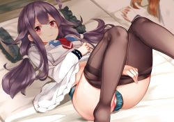 Rule 34 | 10s, 2girls, absurdres, ahoge, apron, black legwear, blush, closed mouth, clothes lift, clothes pull, futon, green panties, hair flaps, highres, kantai collection, knees up, lifting own clothes, long hair, long sleeves, looking at viewer, low twintails, lying, mono (sunegey), multiple girls, neckerchief, on back, on bed, panties, pantyhose, pantyhose pull, partially visible vulva, purple hair, red eyes, school uniform, serafuku, sidelocks, smile, solo focus, taigei (kancolle), thighband pantyhose, twintails, underwear, whale