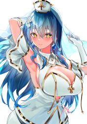 Rule 34 | absurdres, armpits, blue hair, breasts, cleavage, cleavage cutout, clothing cutout, commission, detached sleeves, dress, fingerless gloves, gloves, highres, kagu (a hazy moon), large breasts, long hair, namiji freesia, production kawaii, short sleeves, sideboob, skeb commission, upper body, veil, virtual youtuber, white background, white dress, white headwear, yellow eyes