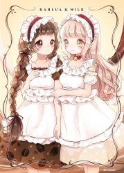 Rule 34 | 2girls, apron, bell, blonde hair, blush, bow, bow choker, braid, breasts, brown dress, brown eyes, brown hair, choker, coffee beans print, dress, highres, long hair, maid apron, maid headdress, medium breasts, multiple girls, neck bell, no nose, omimi (hoppe033), original, puffy sleeves, red bow, red ribbon, ribbon, short sleeves, small breasts, smile, twin braids, twitter username, yellow background, yellow dress, yellow eyes