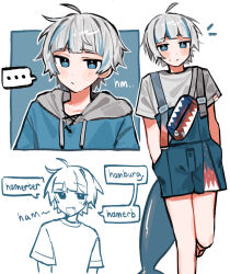 Rule 34 | ..., 1boy, adapted costume, ahoge, blue hair, blue hoodie, blue shorts, blush stickers, commentary, drawstring, emne, english text, expressionless, fins, fish tail, gawr gura, gawr gura (1st costume), gawr gura (casual), genderswap, genderswap (ftm), grey hair, hands in pockets, highres, hololive, hololive english, hood, hood down, hoodie, looking at viewer, multiple views, shark boy, shark tail, shirt, short hair, short sleeves, shorts, simple background, speech bubble, spoken ellipsis, standing, standing on one leg, suspender shorts, suspenders, symbol-only commentary, tail, virtual youtuber, white background, white hair, white shirt