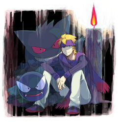 Rule 34 | 1boy, blonde hair, candle, candle wax, chara rira, commentary request, creatures (company), evolutionary line, fangs, fire, game freak, gastly, gen 1 pokemon, gengar, ghost, grin, headband, light smile, morty (pokemon), nintendo, pants, pokemon, pokemon (creature), pokemon hgss, red eyes, ribbed sweater, scarf, sitting, smile, sweater, white pants