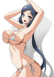 Rule 34 | 10s, 1girl, :d, arched back, armpits, arms up, bad id, bad pixiv id, bare shoulders, bikini, bikini pull, blue eyes, blue hair, blush, breasts, clothes pull, curvy, female focus, gundam, gundam build fighters, highres, huge breasts, iori rinko, large breasts, long hair, looking at viewer, low ponytail, matching hair/eyes, mature female, micro bikini, navel, nipple slip, nipples, open mouth, piston ring, ponytail, profile, puffy nipples, side-tie bikini bottom, simple background, skindentation, small nipples, smile, solo, standing, strap gap, string bikini, sunrise (company), sweat, swimsuit, very long hair, white background, white bikini