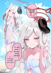 Rule 34 | 1girl, absurdres, arm up, bare shoulders, blue archive, blue sky, blush, braid, closed mouth, clov er, day, dress, english text, flower, grey hair, grin, hair flower, hair ornament, halo, highres, long hair, looking at viewer, multiple views, mutsuki (blue archive), purple eyes, red halo, sky, smile, speech bubble, standing, strapless, strapless dress, twin braids, very long hair, white dress