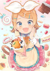 Rule 34 | 1girl, :d, apron, blonde hair, blue eyes, blueberry, bow, cake, candy, checkerboard cookie, chocolate, chocolate bar, commentary, cookie, crepe, doughnut, food, frilled apron, frills, fruit, gradient background, hair bow, hair ornament, hairclip, hand on own cheek, hand on own face, hatsune miku graphy collection, ice cream cone, juliet sleeves, kagamine rin, kouhara yuyu, lollipop, long sleeves, macaron, muffin, nail polish, necktie, official art, open mouth, pastel colors, pastry, pocky, puffy sleeves, short hair, short necktie, short sleeves, smile, solo, sparkle, strawberry, strawberry shortcake, thumbprint cookie, treble clef, vocaloid, wrist cuffs, yellow nails