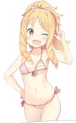 Rule 34 | &gt;;d, 10s, 1girl, ;d, bikini, blonde hair, blush, breasts, brown eyes, commentary request, covered erect nipples, cowboy shot, drill hair, eromanga sensei, fang, front-tie top, gluteal fold, groin, hand on own hip, isegawa yasutaka, long hair, looking at viewer, navel, one eye closed, open mouth, pointy ears, ponytail, side-tie bikini bottom, simple background, small breasts, smile, solo, striped bikini, striped clothes, swimsuit, twin drills, v, v-shaped eyebrows, white background, yamada elf, yellow eyes