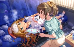 Rule 34 | 2girls, artist request, bandages, barefoot, blush, brown hair, curtains, eyelashes, fever, green eyes, hand fan, hino akane (idolmaster), hori yuko, hot, ice pack, idolmaster, idolmaster cinderella girls, idolmaster cinderella girls starlight stage, indoors, jewelry, looking at another, lying, multiple girls, necklace, official art, on back, open mouth, orange hair, paper fan, ponytail, scrunchie, short sleeves, sick, skirt, smile, sweat, uchiwa, worried