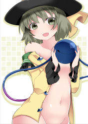 Rule 34 | 1girl, :d, bad id, bad pixiv id, bare shoulders, belly, black hat, blush, bottomless, breasts, convenient censoring, cowboy shot, eyeball, grey eyes, grey hair, groin, hammer (sunset beach), hat, hat ribbon, komeiji koishi, long sleeves, looking at viewer, naked shirt, navel, no bra, off shoulder, open clothes, open mouth, ribbon, shirt, short hair, small breasts, smile, solo, third eye, touhou, upper body, wide sleeves, yellow ribbon, yellow shirt
