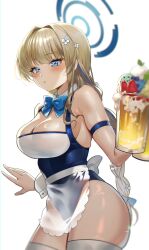 Rule 34 | 1girl, absurdres, alternate costume, alternate hairstyle, apron, arm strap, beer glass, beer mug, blonde hair, blue archive, blue bow, blue bowtie, blue eyes, blue leotard, blurry, blush, bow, bowtie, braid, braided ponytail, breasts, closed mouth, cup, daehoak, depth of field, expressionless, flower, foam, hair flower, hair ornament, halo, highres, large breasts, leotard, long hair, maid, mug, multicolored hair, simple background, solo, streaked hair, toki (blue archive), very long hair, white background