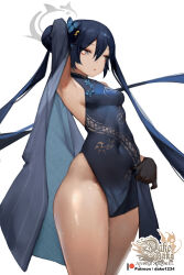 Rule 34 | 1girl, arm behind head, armpits, black dress, black gloves, blue archive, breasts, butterfly hair ornament, china dress, chinese clothes, commentary, covered navel, double bun, dragon print, dress, english commentary, gloves, hair bun, hair ornament, highres, hu dako, kisaki (blue archive), long hair, patreon username, print dress, small breasts, solo, thick thighs, thighs, twintails