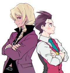 Rule 34 | 2boys, ace attorney, antenna hair, apollo justice, aqua necktie, back-to-back, black shirt, blonde hair, blue eyes, blush, bracelet, brown hair, buttons, chain, chain belt, chain necklace, closed mouth, collared shirt, crossed arms, dark-skinned male, dark skin, drill hair, earrings, fingernails, from side, grin, highres, jacket, jewelry, klavier gavin, lapel pin, lapels, long sleeves, looking ahead, looking at viewer, male focus, medium hair, midriff peek, multiple boys, necklace, necktie, open clothes, open collar, open jacket, otea chan, pocket, purple jacket, red vest, shirt, short hair, simple background, smile, sweat, upper body, vest, white background, white shirt
