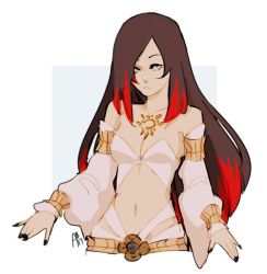 Rule 34 | 1girl, bare shoulders, belt, black nails, blue eyes, breasts, brown hair, cleavage, crow (gravity daze), detached sleeves, gravity daze, gravity daze 2, hair over one eye, long hair, medium breasts, multicolored hair, nail polish, navel, red hair, solo, two-tone hair