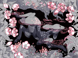 Rule 34 | animal focus, black tears, crying, deer, fawn, fern, fleebites, flower, grey fur, leaf, limited palette, monochrome, mushroom, no humans, original, partially submerged, pink flower, pink theme, pond, ripples, signature, spot color, underwater, water