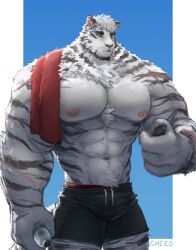 Rule 34 | 1boy, abs, absurdres, animal ears, arknights, bara, broad shoulders, chest tuft, chizo (chizo67), cowboy shot, facial hair, furry, furry male, goatee, highres, huge pectorals, large hands, looking at phone, male focus, mountain (arknights), muscular, muscular male, navel, navel hair, neck fur, nipples, phone, scar, scar across eye, scar on arm, short hair, short shorts, shorts, solo, standing, stomach, thick arms, thick eyebrows, tiger boy, tiger ears, topless male, v-taper, white hair