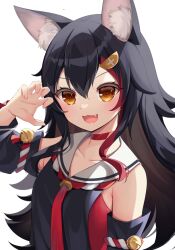 Rule 34 | 1girl, :3, animal ears, bell, black hair, blush, claw pose, commentary, detached sleeves, fang, hair ornament, hololive, ikazu401, long hair, long sleeves, looking at viewer, multicolored hair, necktie, ookami mio, ookami mio (1st costume), open mouth, orange eyes, red hair, sailor collar, shirt, sleeveless, sleeveless shirt, smile, solo, streaked hair, upper body, virtual youtuber, wolf ears, wolf girl
