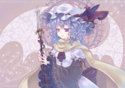 Rule 34 | 1girl, adapted costume, alternate costume, cape, colored eyelashes, crown, dress, female focus, flower, hat, iris anemone, plant, polearm, purple hair, red eyes, remilia scarlet, ribbon, rose, short hair, solo, thorns, touhou, upper body, vines, weapon