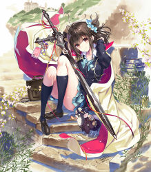 Rule 34 | 1girl, black jacket, black socks, blue bow, blue bowtie, bow, bowtie, brown eyes, brown hair, cape, chihuahua, collared shirt, commentary request, dated, fantasy, full body, highres, holding, holding sword, holding weapon, jacket, kneehighs, knees up, loafers, long sleeves, looking at viewer, one side up, original, plaid, plaid bow, plaid bowtie, red cape, sanbasou, school uniform, shirt, shoes, sideless dress, signature, sitting, sitting on stairs, smile, socks, solo, stairs, sword, thighs, two-sided cape, two-sided fabric, uniform, weapon, white cape, white shirt