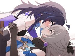 Rule 34 | 2girls, back tattoo, bare shoulders, black gloves, blush, breasts, bronya rand, butterfly tattoo, dress, earrings, elbow gloves, facing another, gloves, grey eyes, grey hair, honkai: star rail, honkai (series), imminent kiss, jewelry, lix (iroiro3843), long hair, looking at another, medium breasts, multiple girls, purple hair, seele (honkai: star rail), sweatdrop, tattoo, white background, white dress, yuri