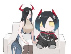 Rule 34 | absurdly long hair, azur lane, belt, character doll, check commentary, closed eyes, coat, commentary, commentary request, couch, cross, friedrich der grosse (azur lane), hair ornament, hair over eyes, highres, horns, iron cross, long hair, mechanical horns, multicolored hair, ohisashiburi, one eye closed, short hair, sitting, skirt, smile, stuffed toy, turtleneck, two-tone hair, ulrich von hutten (azur lane), very long hair, white background, yellow eyes