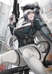 Rule 34 | 1girl, absurdres, animal ears, arknights, black hat, black jacket, bow (weapon), cabbie hat, cat ears, cat tail, commentary request, crossbow, ears through headwear, feet out of frame, grey hair, grey pants, hat, highres, holding, holding crossbow, holding weapon, jacket, leggings, long hair, long sleeves, looking at viewer, official alternate costume, pants, parted lips, pouch, schwarz (arknights), schwarz (skyline) (arknights), sitting, solo, tail, thighs, very long hair, weapon, yellow eyes, yujieai