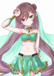 Rule 34 | 1boy, alternate costume, bandeau, blush, bracer, brown hair, closed mouth, commentary request, cowboy shot, dancer, doll joints, double bun, drill hair, earrings, expressionless, frilled skirt, frills, gem, green bandeau, green eyes, green gemstone, green skirt, hair between eyes, hair bun, hand on own head, heterochromia, highres, jewelry, joints, long bangs, long hair, looking at viewer, midriff, navel, popperapi, red eyes, rozen maiden, see-through, see-through skirt, simple background, skirt, solo, suiseiseki, swept bangs, twin drills, very long hair, white background