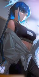 Rule 34 | 1girl, absurdres, bare shoulders, black tank top, blue archive, blue eyes, blue hair, blurry, blurry background, blurry foreground, crop top, from below, ganet p, halo, hand in pocket, high ponytail, highres, id card, lanyard, off shoulder, oversized clothes, oversized shirt, saori (blue archive), shirt, sidelocks, solo, tank top, white shirt