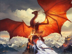 Rule 34 | animal focus, burning, cloud, curled horns, day, dragon, fantasy, fire, full body, grey sky, highres, horns, lava, monster, mountainous horizon, multiple horns, no humans, original, outdoors, paul scott canavan, red scales, scales, scenery, sky, tail, veins, watermark, web address, western dragon, wings, yellow eyes