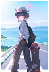 Rule 34 | 1girl, absurdres, alternate costume, animal ears, backpack, bag, beach, black gloves, black hair, blue archive, blue sky, blunt bangs, blurry, brown pants, cargo pants, casual, cat ears, cat girl, cloud, cloudy sky, colored inner hair, commentary request, depth of field, extra ears, gloves, guard rail, halo, highres, holding, holding skateboard, kazusa (blue archive), long sleeves, looking at viewer, mountainous horizon, multicolored hair, ocean, outdoors, pants, parted lips, pocket, red eyes, road, shirt, short hair, sidelocks, skateboard, sky, solo, two-tone hair, user sxaf8777, white shirt