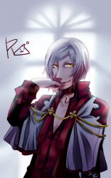 Rule 34 | 1boy, alternate color, arch bishop (ragnarok online), bishounen, black coat, capelet, coat, commentary request, copyright name, cross, flowery peko, gradient hair, grey background, grey hair, grin, lips, long sleeves, looking at viewer, male focus, medium bangs, multicolored hair, official alternate costume, poring, ragnarok online, red hair, red shirt, shirt, short hair, smile, solo, swept bangs, upper body, white capelet, window, yellow eyes