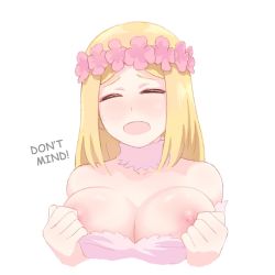 Rule 34 | 10s, 1girl, ^ ^, bare shoulders, blonde hair, blush, boku no hero academia, breasts, breasts out, closed eyes, clothes pull, detached sleeves, english text, flower, hair flower, hair ornament, head wreath, long hair, medium breasts, nipples, open mouth, shirt pull, shpo, simple background, smile, solo, sweatdrop, upper body, white background