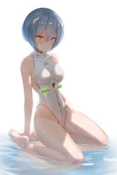 Rule 34 | 1girl, adapted costume, ayanami rei, bare arms, bare legs, bare shoulders, barefoot, blue hair, breasts, can zhu, closed mouth, collarbone, covered navel, curvy, expressionless, full body, hair ornament, highleg, highleg swimsuit, highres, kneeling, looking at viewer, medium breasts, neon genesis evangelion, one-piece swimsuit, red eyes, reflection, reflective water, shallow water, short hair, simple background, solo, swimsuit, water, white background, white one-piece swimsuit, wide hips