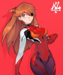 Rule 34 | 1girl, blue eyes, bodysuit, breasts, brown hair, cesar art456, curvy, entry plug, evangelion: 3.0 you can (not) redo, eyepatch, highres, interface headset, long hair, medium breasts, multicolored bodysuit, multicolored clothes, narrow waist, neon genesis evangelion, pilot suit, plugsuit, rebuild of evangelion, red background, red bodysuit, shiny clothes, solo, souryuu asuka langley, very long hair, wide hips