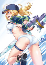 Rule 34 | 1girl, ahoge, artoria pendragon (fate), ass, baseball cap, blonde hair, blue eyes, blue jacket, bra, breasts, butt crack, cowboy shot, cropped jacket, embarrassed, fate/grand order, fate (series), hair through headwear, hat, highres, jacket, leaning forward, long hair, medium breasts, mysterious heroine x (fate), mysterious heroine xx (fate), open mouth, toeless footwear, panties, ponytail, rohgun, running, shrug (clothing), signature, solo, sword, thighs, twinmyniad (fate), underwear, underwear only, wavy mouth, weapon, white bra, white panties