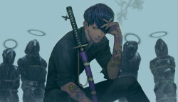 Rule 34 | 1boy, black hair, black pants, black shirt, blurry, blurry background, body bag, cigarette, closed mouth, commentary request, depth of field, hair over one eye, halo, hand on own head, hand up, holding, holding cigarette, katana, male focus, one eye covered, original, pants, scabbard, sheath, sheathed, shirt, sitting, sleeves rolled up, smoke, solo, sword, tattoo, tomono rui, weapon, yellow eyes