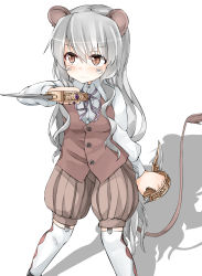 Rule 34 | animal ears, blush, dagger, facial mark, garter straps, highres, knife, long hair, mouse ears, mouse girl, mouse tail, original, puffy pants, reverse grip, silver hair, simple background, tail, tetora 960, vest, weapon, white background, white legwear