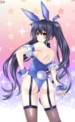 Rule 34 | alternate costume, animal ears, ass, back muscles, bare shoulders, black hair, bodysuit, collar, cuffs, fishnets, garter straps, hair between eyes, hand on own hip, highres, leggings, leotard, lewdkuma, long hair, neptune (series), noire (neptunia), playboy bunny, rabbit ears, rabbit tail, red eyes, ribbon, simple background, solo, tail, thighhighs, thighs, tsundere, twintails, very long hair