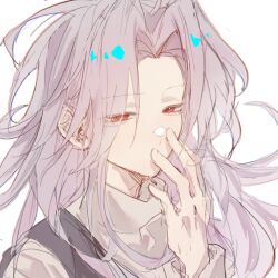 Rule 34 | 1boy, black vest, commentary, eyes visible through hair, finger to mouth, grey sweater, hatsutori hajime, highres, liningne, long hair, long sleeves, male focus, parted bangs, pink hair, portrait, red eyes, saibou shinkyoku, simple background, sketch, solo, sweater, symbol-only commentary, turtleneck, turtleneck sweater, vest, white background